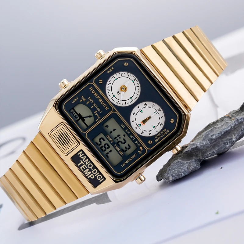 HUMPBUCK jam tangan kronograf pria, arloji baja tahan karat Stopwatch tahan air dengan kronograf dan tampilan waktu ganda