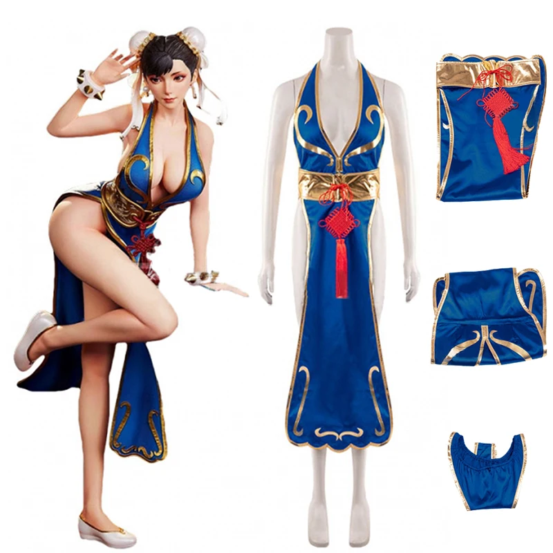 Chun Li Cosplay Costumes Cheongsam Game Street Fighter Role Play Blue Dress And Wig Halloween Carnival Outfit For Women Girls