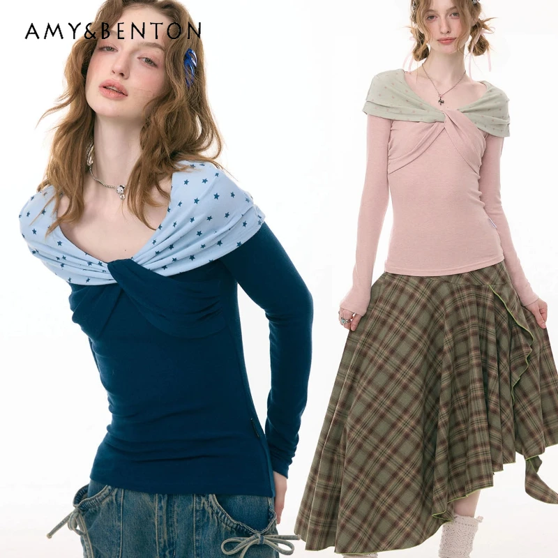 

Autumn Winter Star Polka Dot Slimming Long Sleeve Women's T-Shirt Original Design Sweet Versatile Knitted Pullover Top Ladies