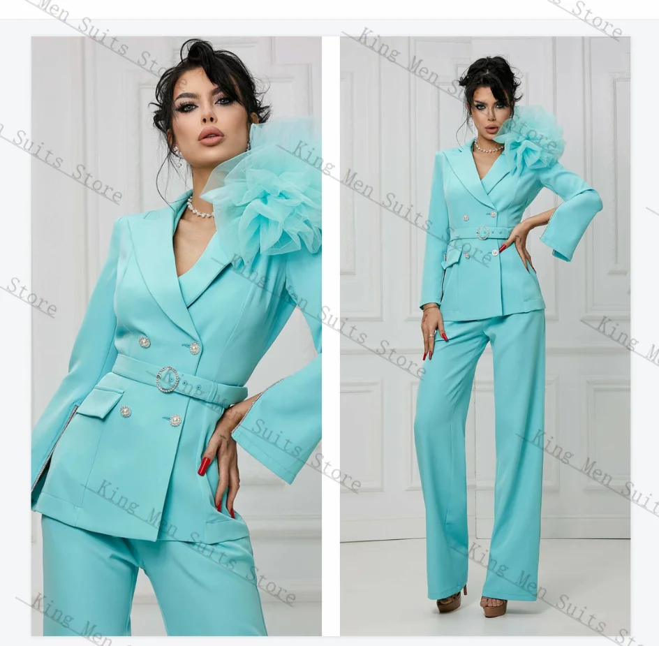 

Designer Women Suits Set 2 Piece Blazer+Pants Trousers 3D Flower Light Blue Customized Office Lady Jacket Wedding Tuxedo Coat