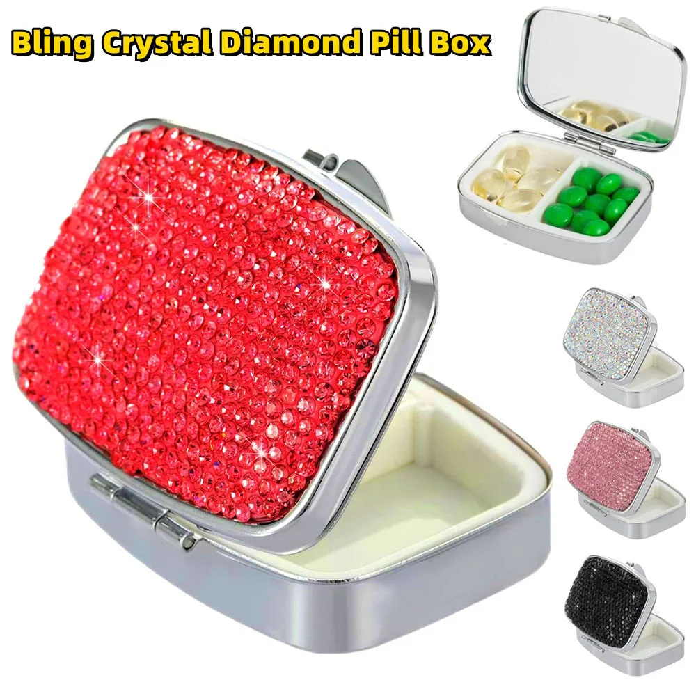 Bling Crystal Diamond Pill Box, Portable 2 Compartments Daily Pill Organizer,Small Travel Pill Case,Medicine Container Organizer