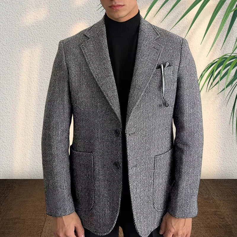 Men's herringbone suit coat grey single breasted lapel slim fit men's jacket Business casual tailored plus size man blazer