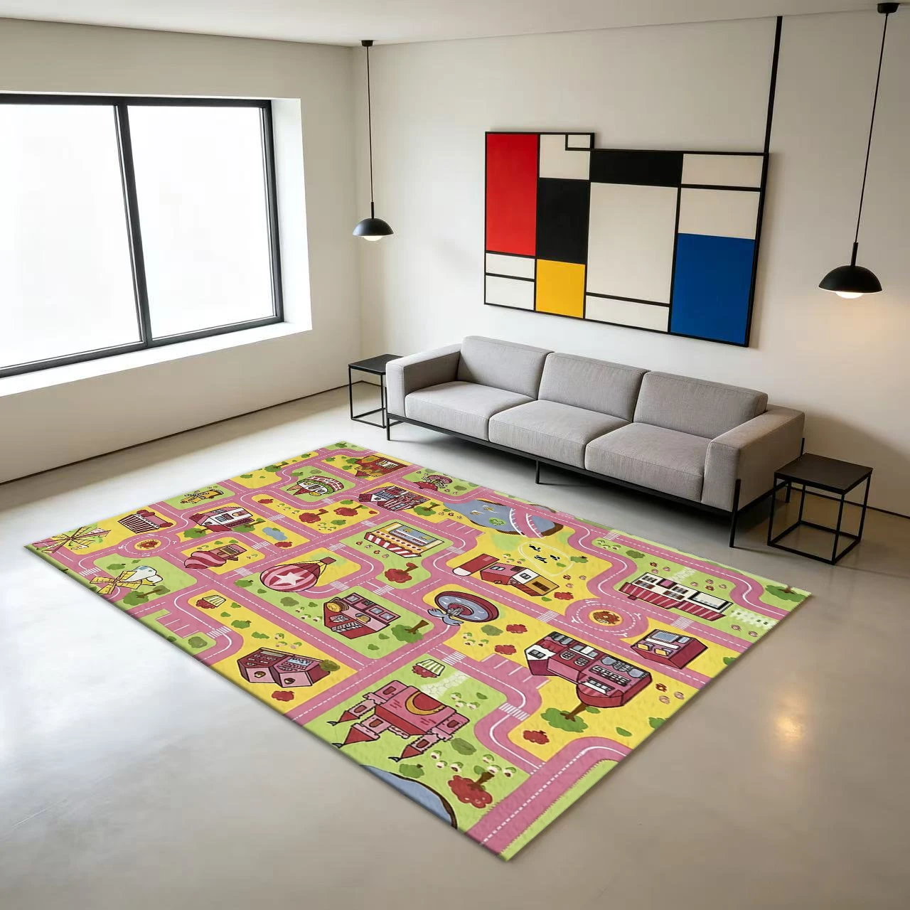 Pink City Traffic Play Mat Carpet Cartoon Town Road Map Children's Playroom Educational Game Floor Carpet
