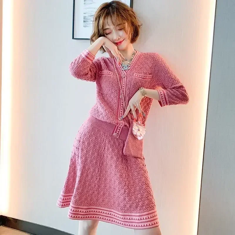 Woman Knitted Dress Autumn and Winter V Neck New In Crochet Dresses for Women Loose Kpop Elegant Beautiful Luxury Features G Xxl