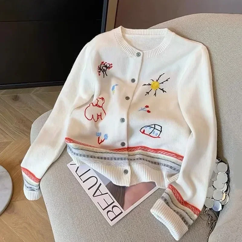 Autumn Winter Stylish Sweater Women Cardigan Tops Cartoon Embroidered Long Sleeve Knitwear Fashion Elegant Chic Ladies Jumpers