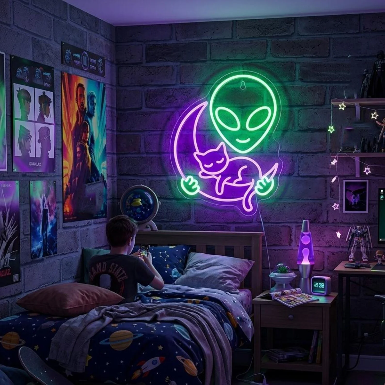 Alien Cat Neon Sign,Purple Moon LED Wall Light For Space Bedroom,Gaming Room Decor,Cat Lover Gift,Custom Cute UFO Nursery Light
