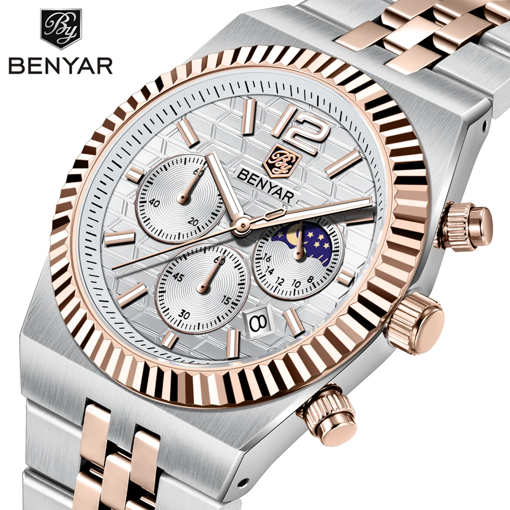 BENYAR 5225 Orologio al Quarzo da Uomo alla Moda, Multifunzione con Calendario, Impermeabile, Fasi Lunari, Cinturino in Acciaio, Orologi Business per Uomini
