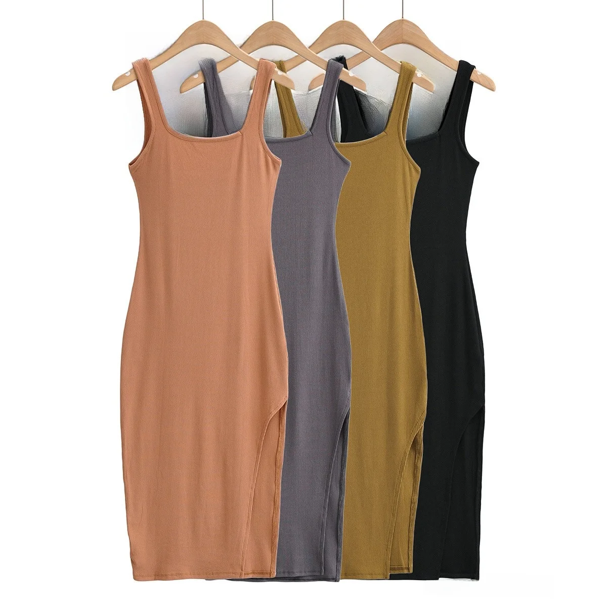 Tapete australiano gola quadrada slim fit fenda lateral colete saia feminina camada de base retrô comprimento médio H-ape Dr