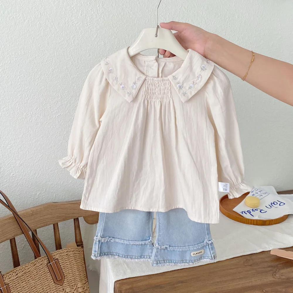 kids girl clothes baby tops Apricot colored lapel Autumn long sleeved shirt Rural style minimalist girls' top
