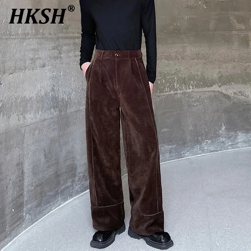 

HKSH Autumn And Winter New Thickened Corduroy Ribbon Design Wide Leg Straight Casual Pants Korean Fashion Tide Trousers HK0063