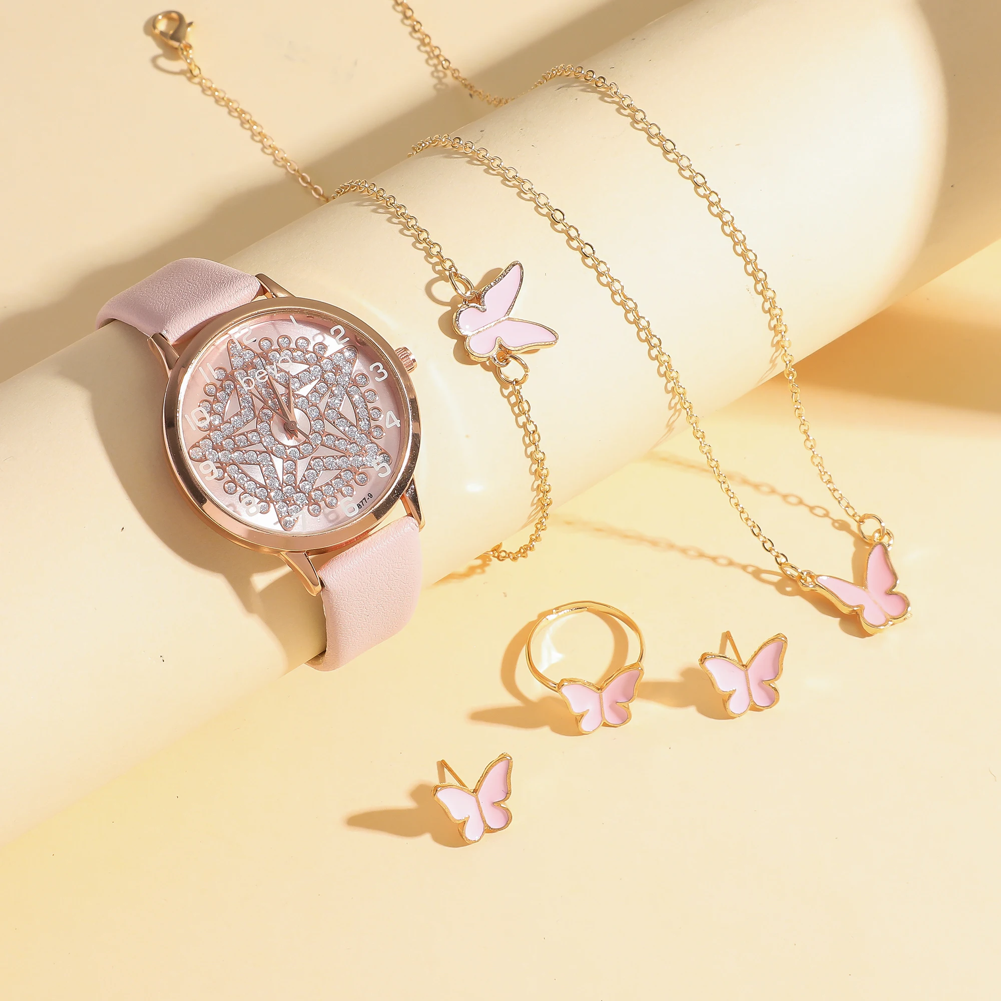 5 قطع/مجموعة ساعات كوارتز بناتي وردية اللون طقم مجوهرات سوار على شكل فراشة؛ مناسبة لتقديم هدايا العيد؛ لا يوجد صندوق هدايا. #2