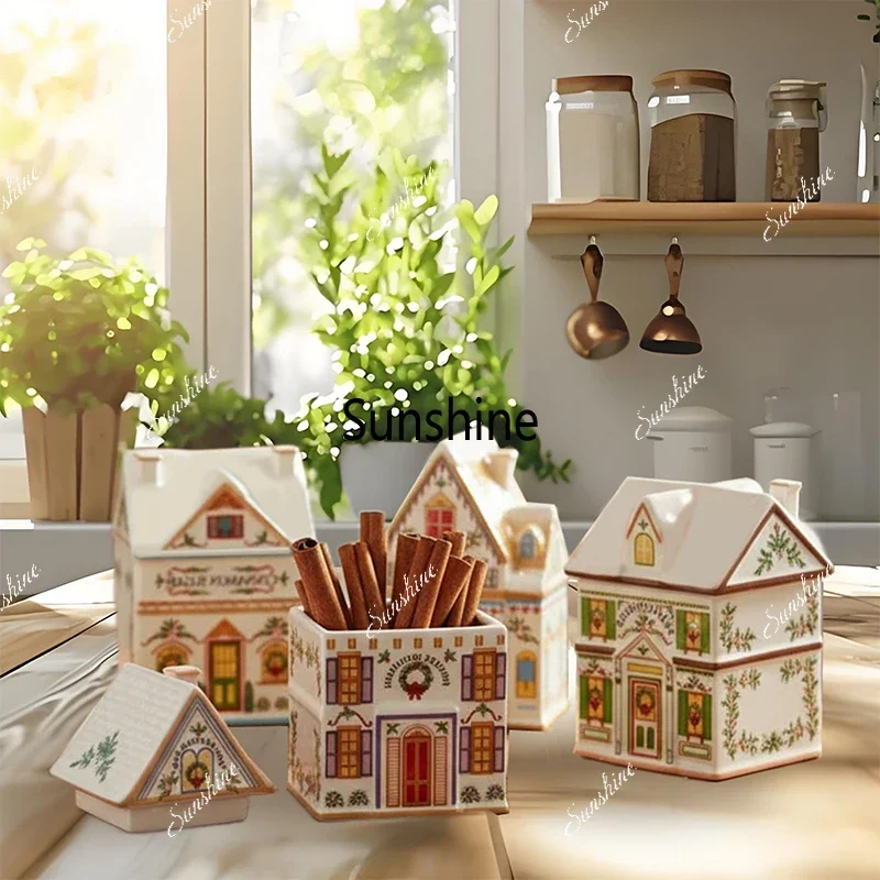 Holiday Village Spice House Set, Mini Christmas Gingerbread Houses Jars, Festive Decor Kitchen Countertop Candle.Y