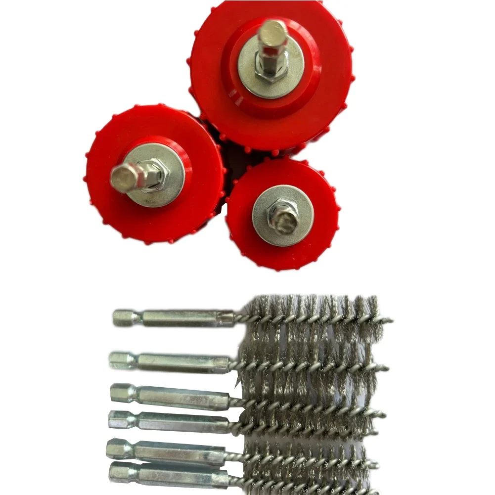 3/9pcs 3/4" Copper Pipe Cleaner Set For Power Drill 1/4" Tube Cleaning Brushes Accessories Removing Rust Tools Power Tool Parts