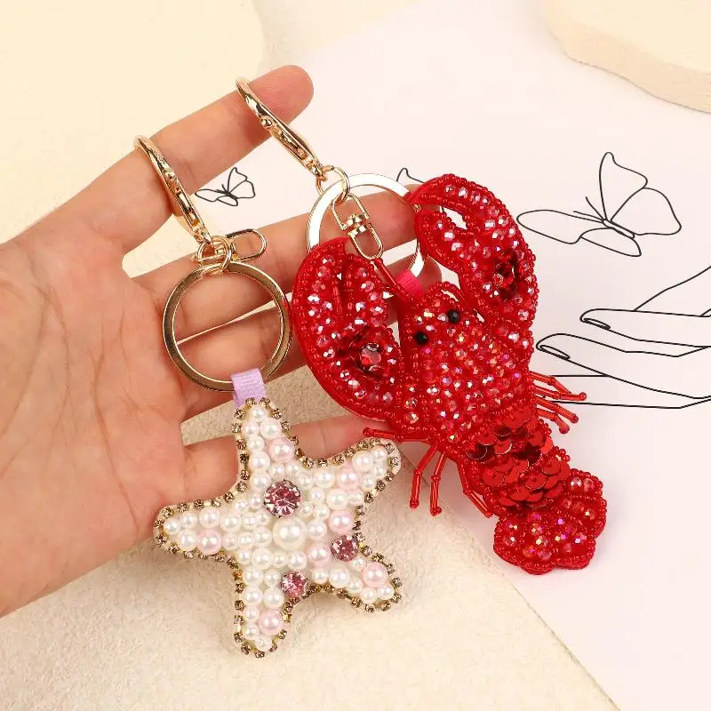 

Rhinestone Lobster Beaded Pendant Pretty Hand Sewn Bag Charms Crab Shells Turtle Hanging Rope Patches Applique Bag Lanyard