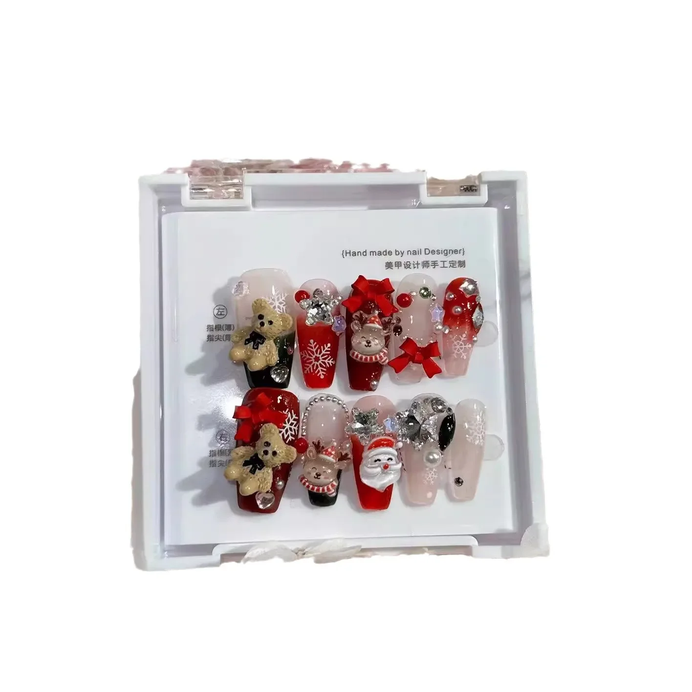 Press On Nails Make Handmade Christmas Elements Cartoon Cute Bear Bow Elk Red Festive New Year Removable Reusable Fake Nails