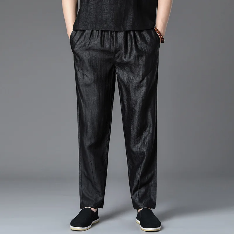 

Real Silk High Quality Xiangyun Yarn Summer Men's Crack Middle-Aged and Elderly Drawstring Casual Loose Trousers