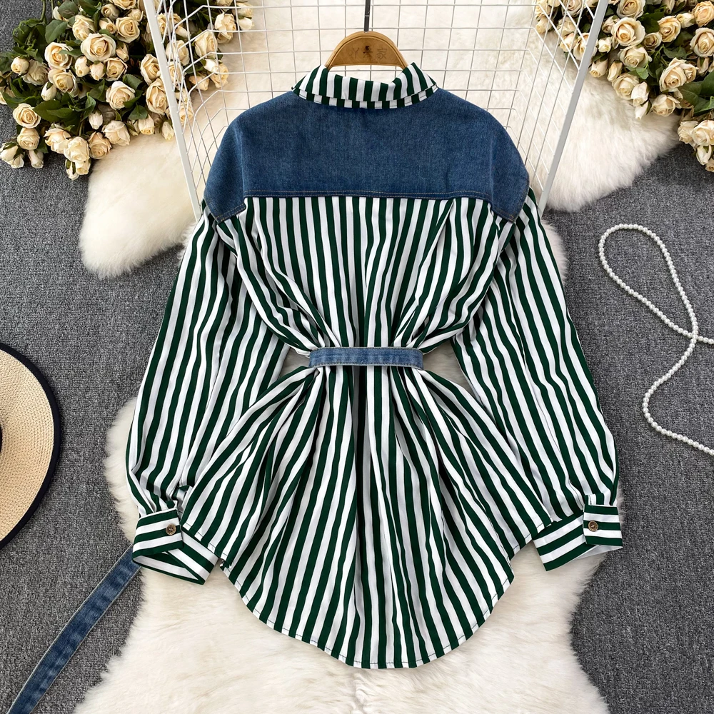 Women Shirts & Blouse Fake Two Loose Denim Clip Splicing Striped Long Shirt Irregular Long Sleeve Striped Belt Denim Blouse