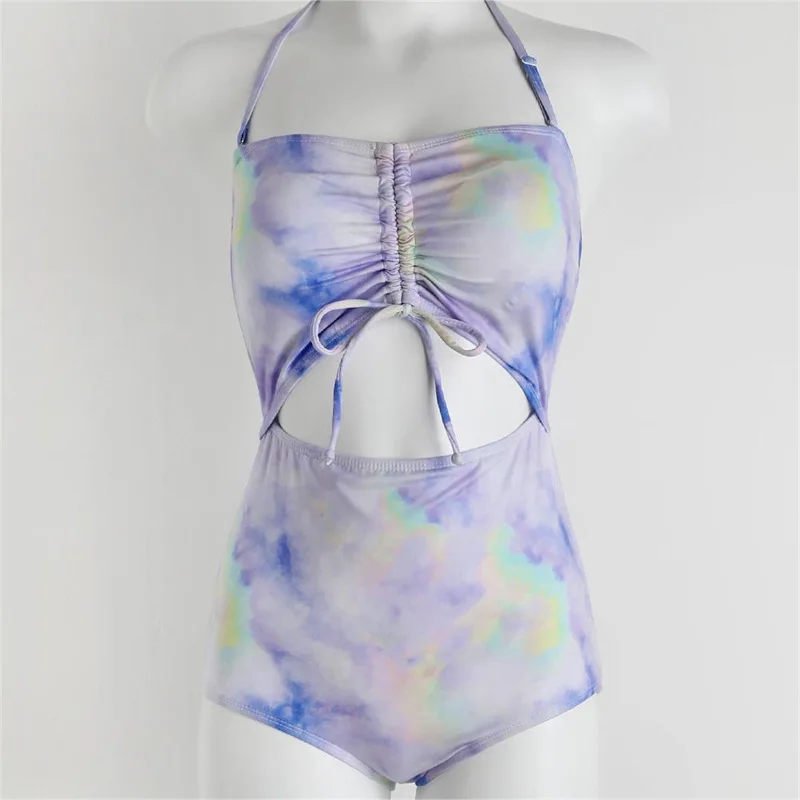 Sexy Printed Women Bikini Strappy Hanging Neck Backless Drawstring 1-piece High Waisted Female Swimsuit Summer Beach Trendy 2024