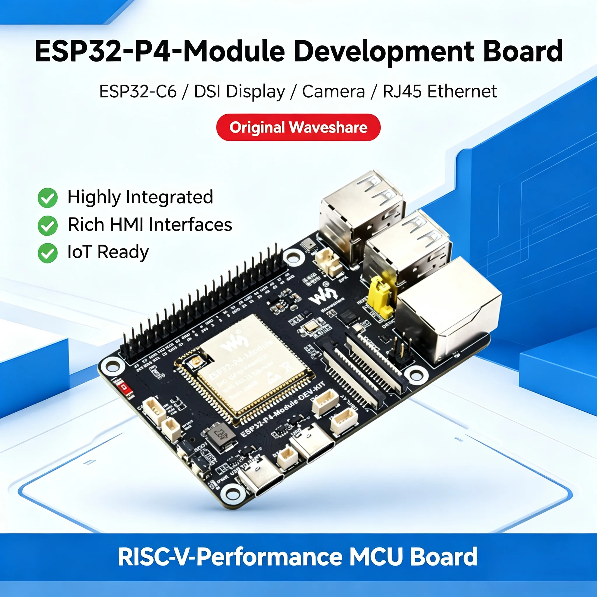 Carte de développement ESP32-P4-Module avec caméra d'affichage DSI ESP32-C6 et Ethernet RJ100