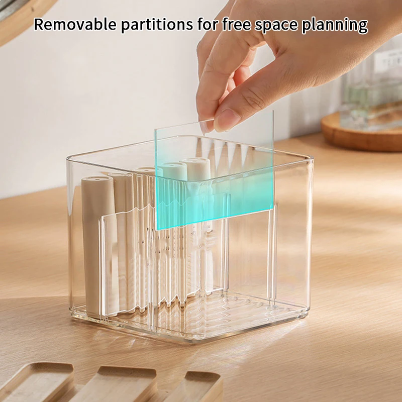 일본식 나무 데스크탑 투명 플라스틱 보관 상자 테이블 화장품 메이크업 브러쉬 보관 보관 상자 면봉 홀더