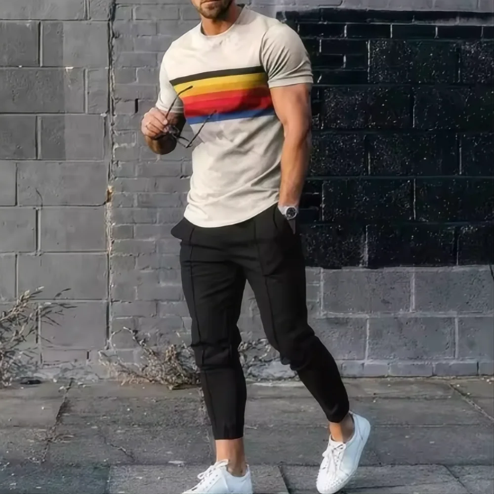 حار بيع الرجال الموضة الجديدة رسالة مطبوعة تنفس ومريحة جولة الرقبة تي شيرت وسراويل مجموعة ملابس غير رسمية في الهواء الطلق