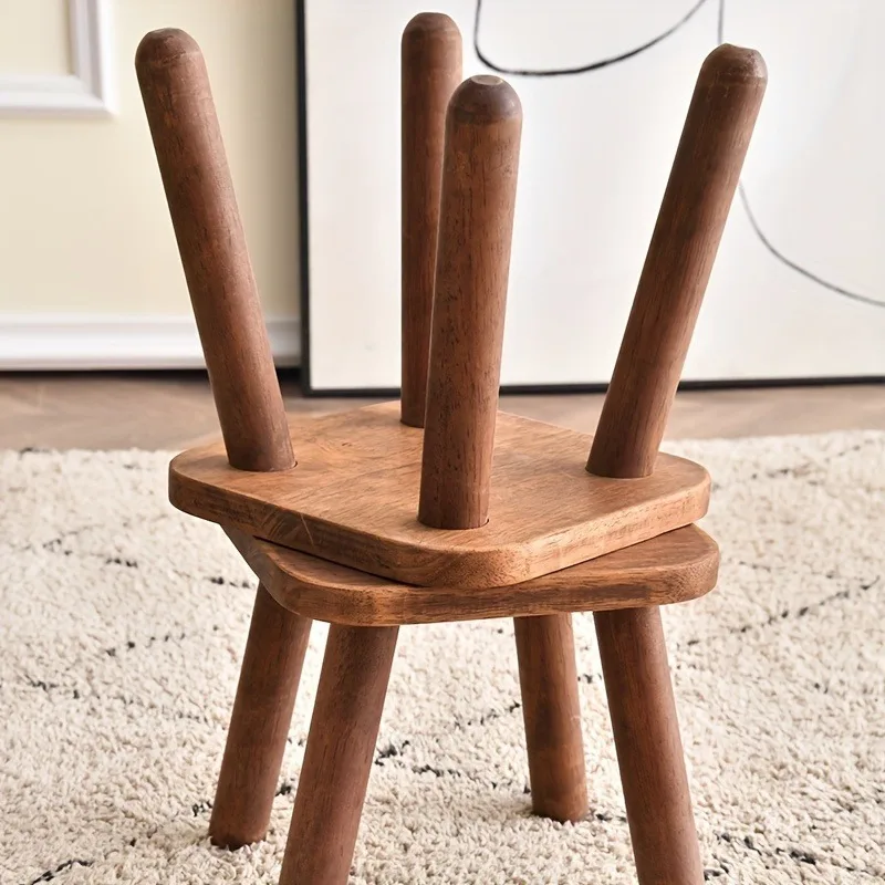 1pc All Solid Wood Shoe Seat Changing Stool, Small Walnut Color Stool For Living Room, Entrance, Bathroom, Bedroom, Kitchen