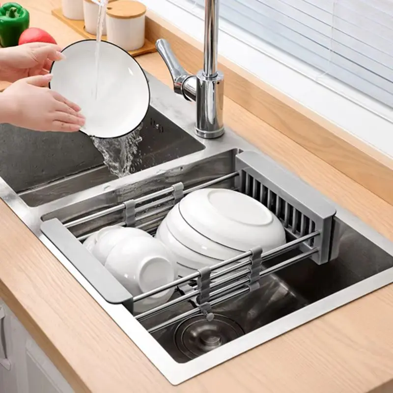 

Kitchen Retractable Sink Drain Rack Stainless Steel Multifunctional Storage Basket Dish Fruits Vegetables Drying Organizers