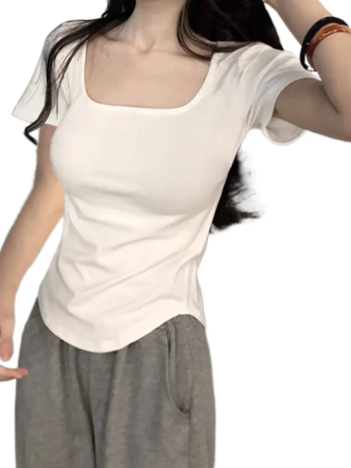 Summer New  Size Square Collar ort Sve T-irt Women's Slim Fit Asymmetrical White Color Korean Version Top