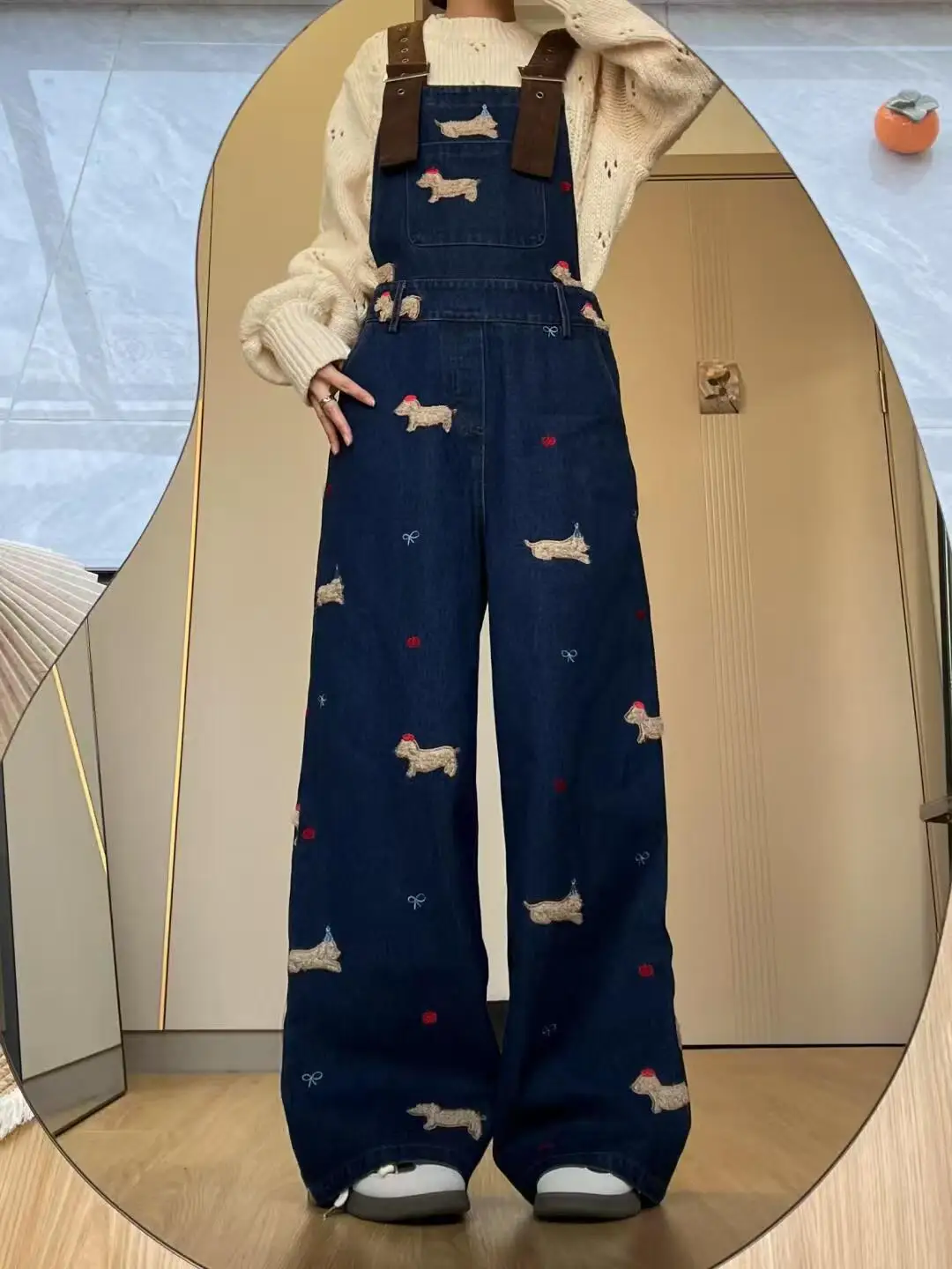 

Retro American Blue Embroidery Sausage Dog Denim Overalls Women's Spring Summer New Straight Loose Long Pants Casual High Wai...
