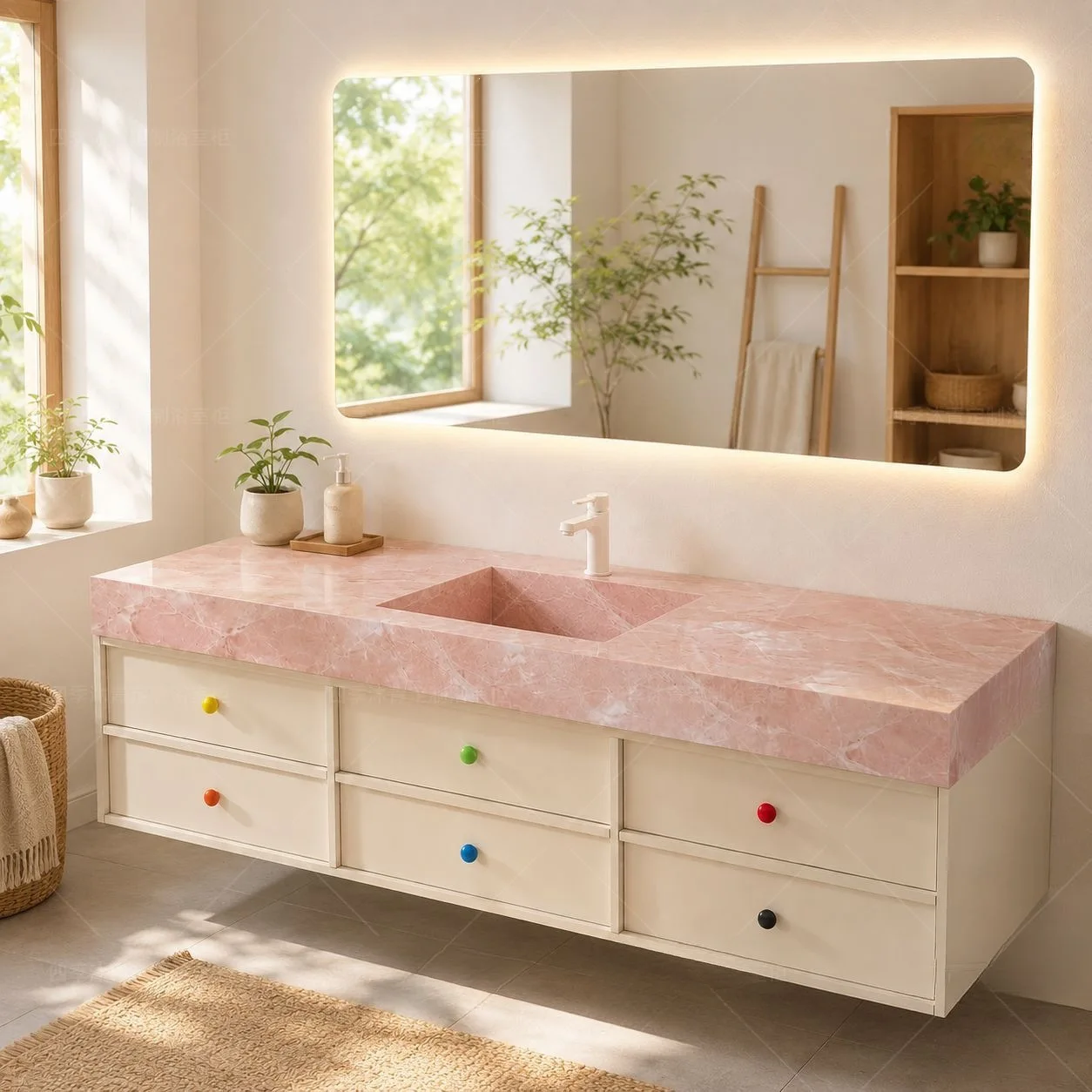 Four Seasons Pink Dopamine Bathroom Cabinet Pink Ceramic Wash Table Integrated Basin Toilet Wash Table Wash Table