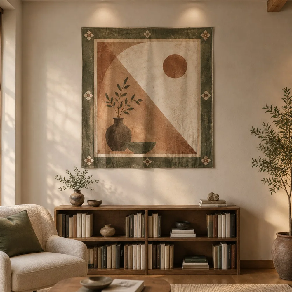 VIKAMA Earth Wall Shadow Border Frame Tapestry Wall Hanging, Wabi Sabi Wall Decor Tapestries for Kitchen Dining Room Living Room