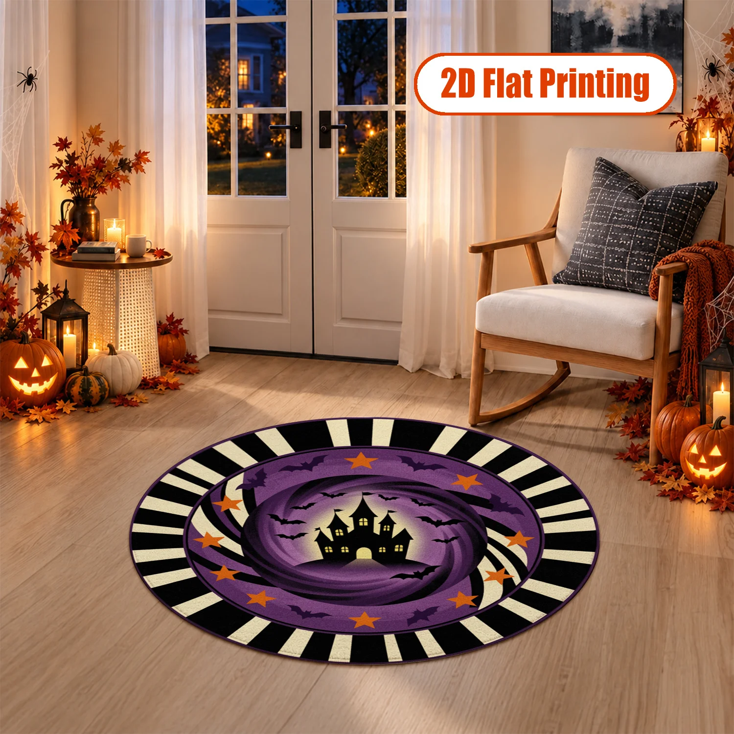 Haunted Castle Bats Star Spiral Striped Pattern Round Velvet Rug Machine Washable for Living Room Bedroom Dining Room Entryway Halloween Thanksgiving Christmas New Year Black Friday Cyber Monday