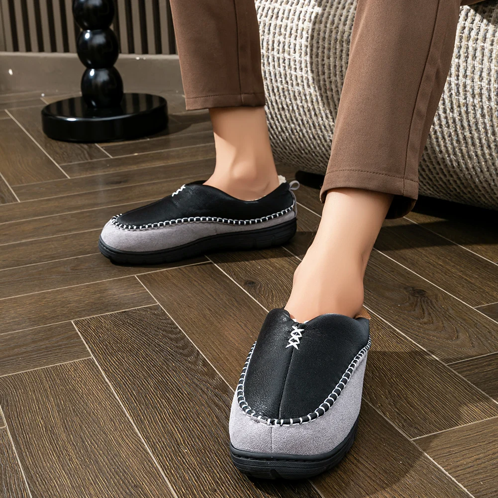 Winter men's slippers boots fashionable furry Mark line PU sole anti slip warm high-quality indoor shoes image 5