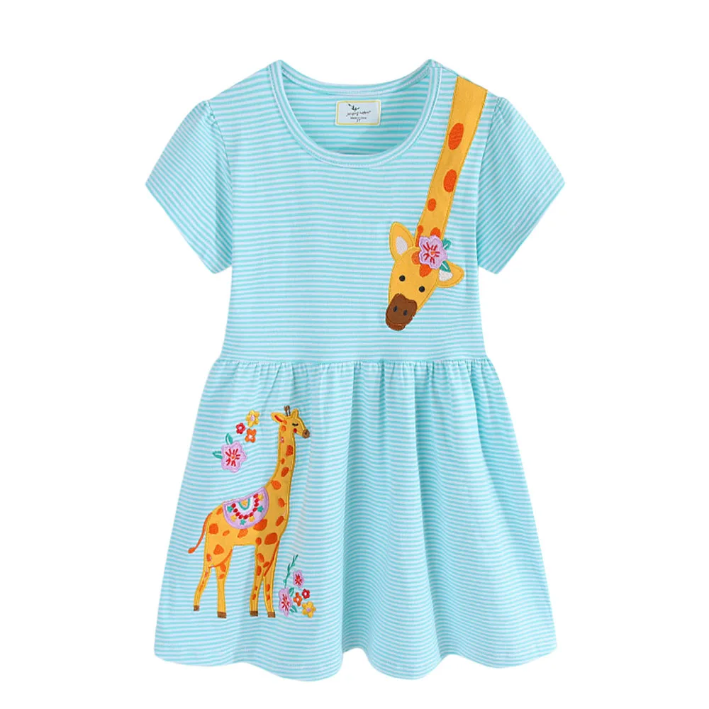 Jumping Meters 2-7T Fashion Giraffe Girls Dress Animals Embroidery Summer Short Sleeve Princess Frocks Children's Clothing