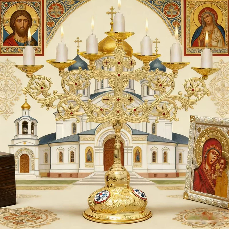 

New2026 Traditional Orthodox Seven-Branch Candelabra Gold-Plated with Filigree Design for Liturgical Services and Devotional Use