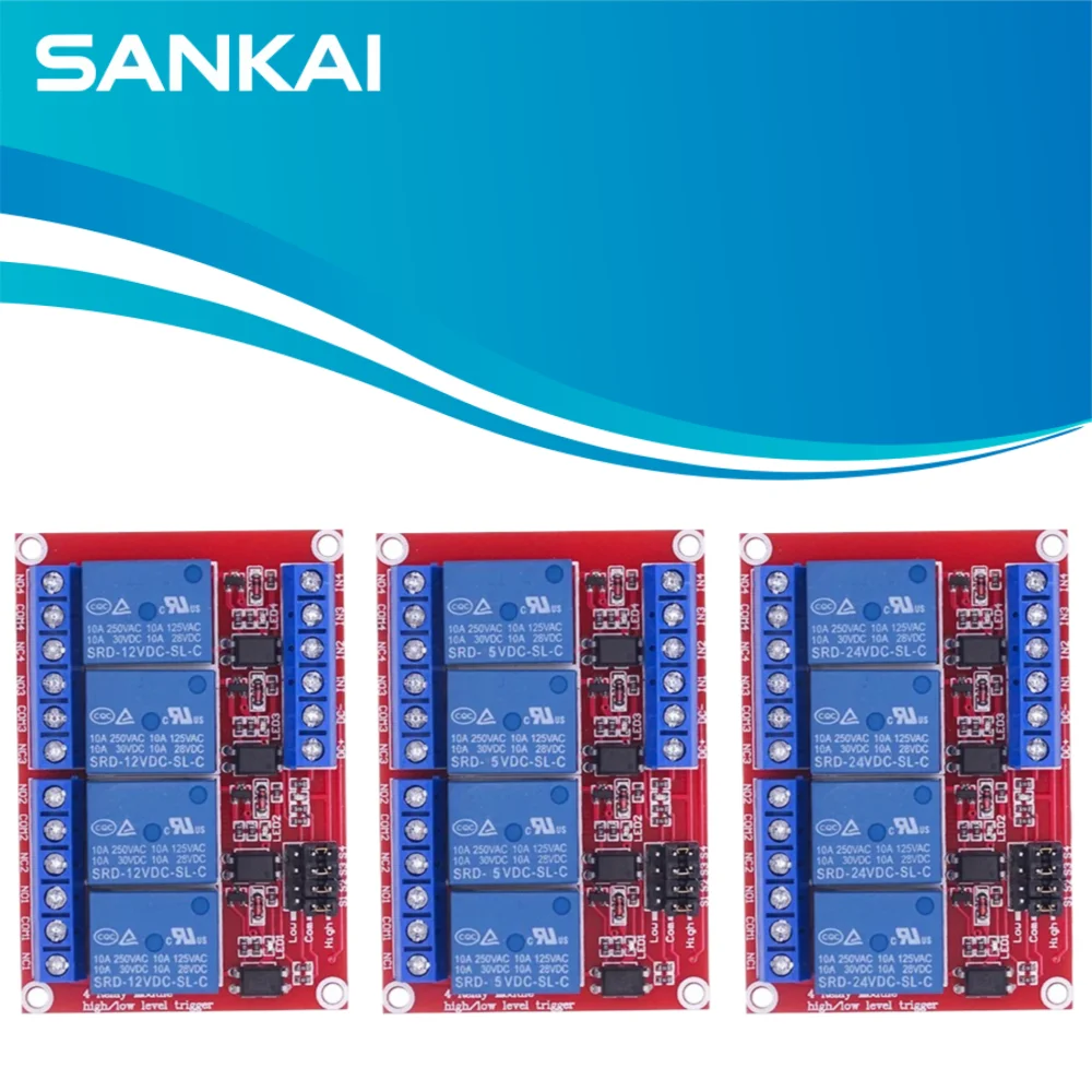 4CH Opto-Isolated Relay Board 5V/12V/24V, High/Low Trigger, 10A 250VAC for Smart Home/IoT