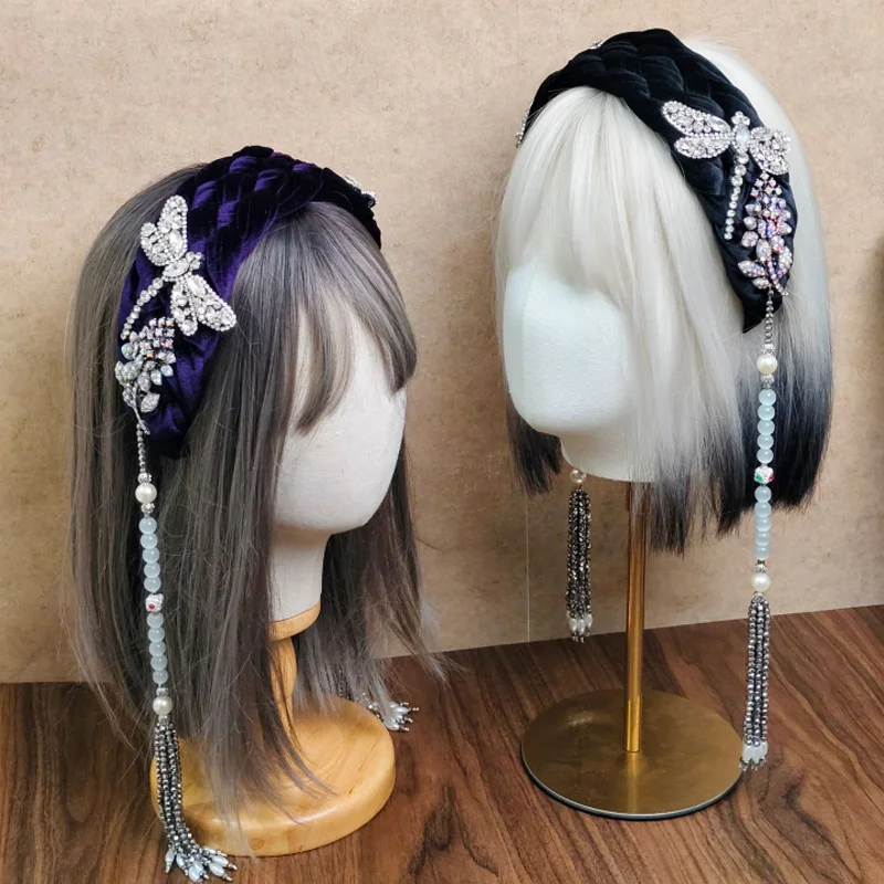 Chinese Style Tassel Headband Luxury Diamond Velvet Woven Hair Hoop Girl Hanfu Cosplay Hair Accessories Women Hairbands