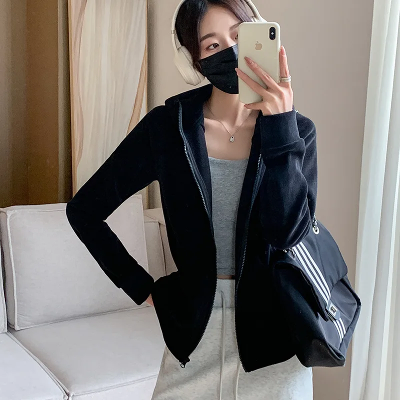 New StyleThickened Hooded Zipper Sports Open Cardigan Jacket Women's Autumn Winter Fleece Casual Outerwear Long Sleeve Jacket