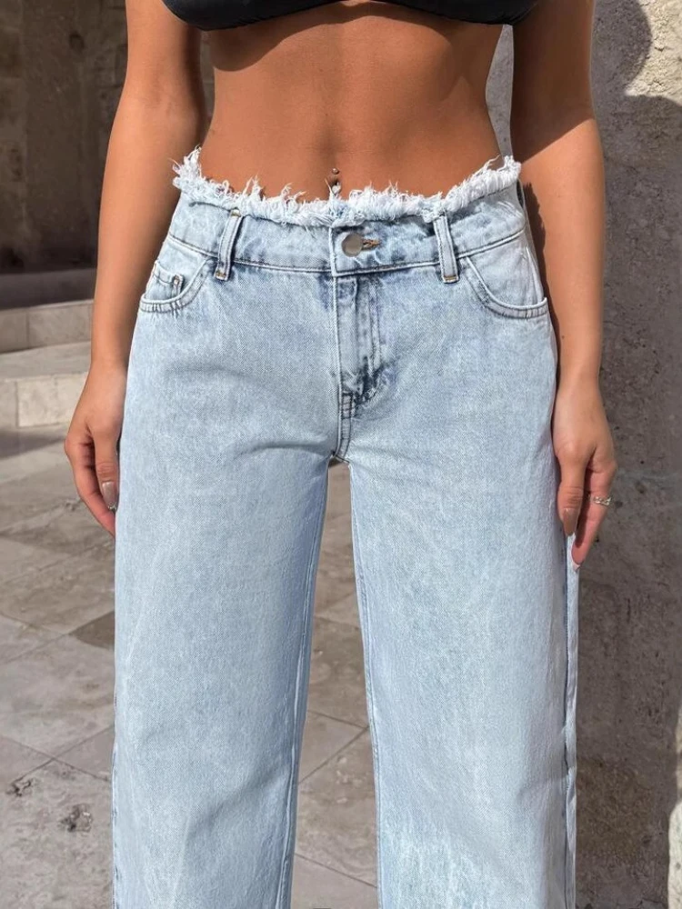Nischen-Jeans mit Fransen für Damen im Frühling und Herbst, hoch taillierte, schlankmachende, locker sitzende Hose mit weitem Bein, bodenlange Hose