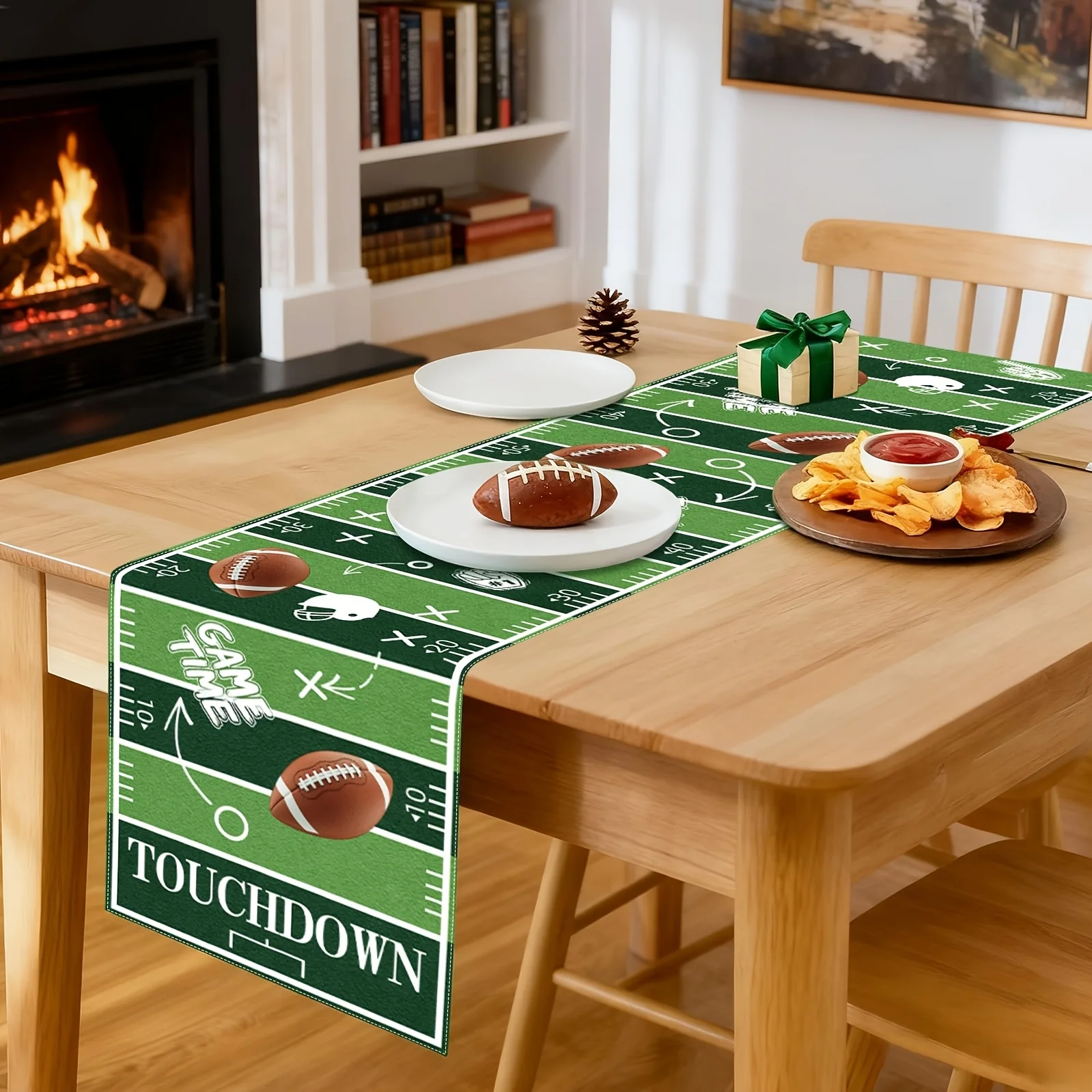 Football Field Linen Table Runner - Touchdown Stripe Design Durable Sports Fan Home Decor