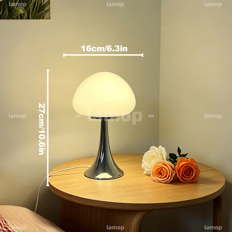 Mushroom‑Contour Glass Table Lamp French Cream Style 3‑Level Dimmable USB Powered Home Furnishing Table Lamp for Teen Room Entry