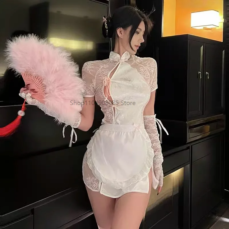 

Sexy Mini High Split Cheongsam Women Qipao Maid Apron Sexy Lingerie Qipao Traditional Chinese Silm Dresses Maid Cosplay Costumes