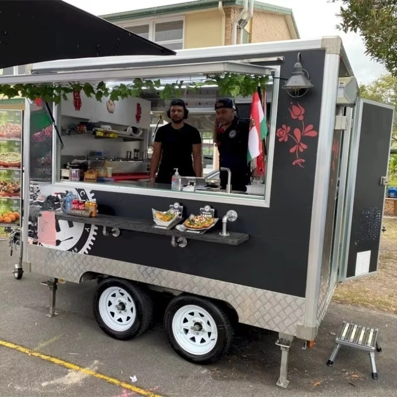 Mobile Food Trailer Truck Stainless Steel Kitchen Cart Dual Service Window 2 Rust Resistant Insulated Compartments All
