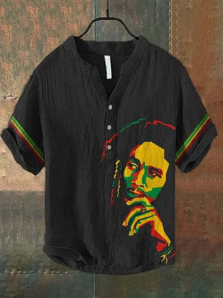 

Men's short sleeved button up shirt, linen stand up collar loose shirt, Chinese style art printed pattern, summer fashion top