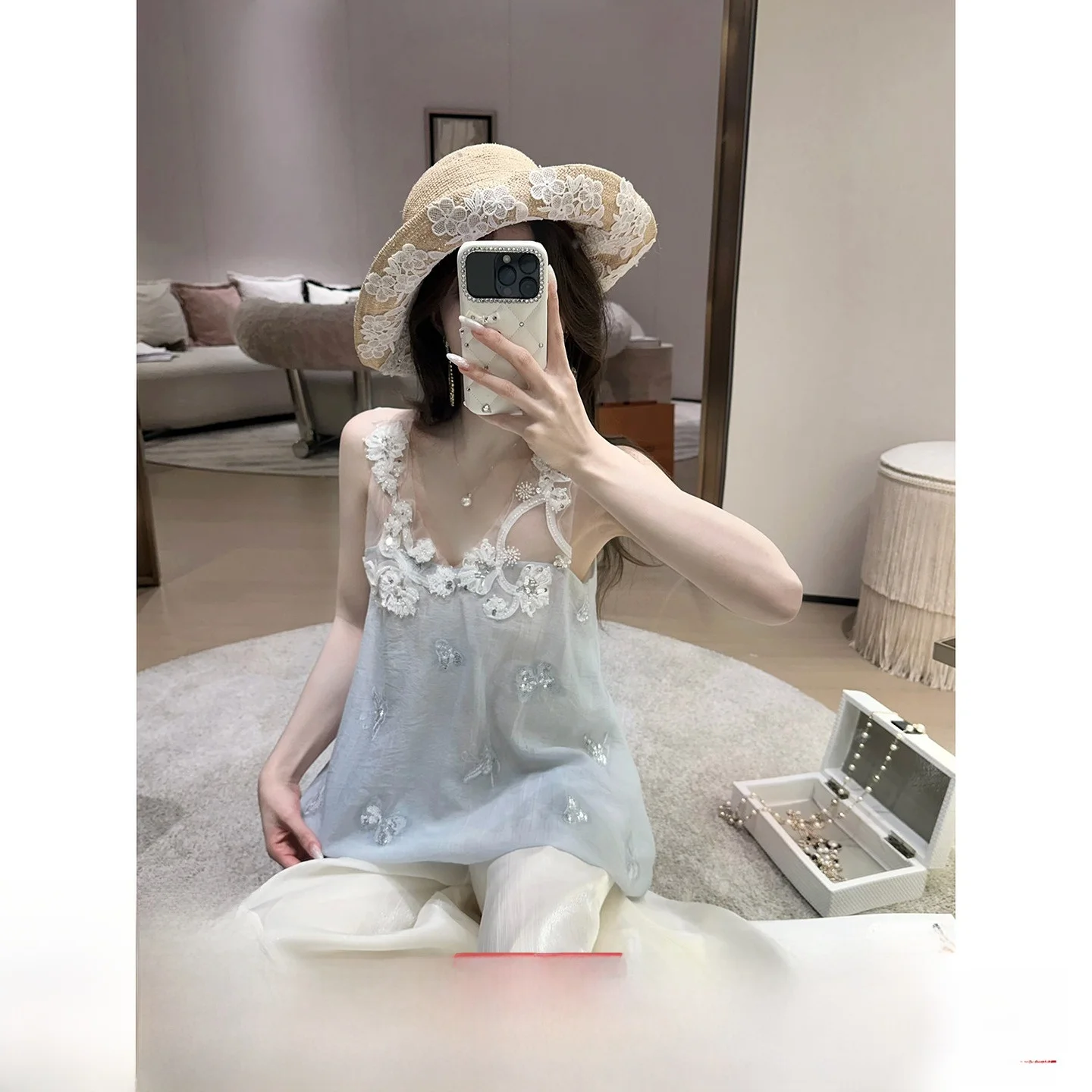 Syqiao Girl's Lace Top with  Embroidery Shiny Sequins Short Front Long Back Design Summer Thin Outerwear for Ladies