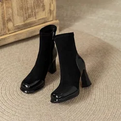Women's Fashion Thick Heel Single Boots Winter New Spliced Suede Side Zipper Thick Sole Anti-slip Wear-resistant Short Boots