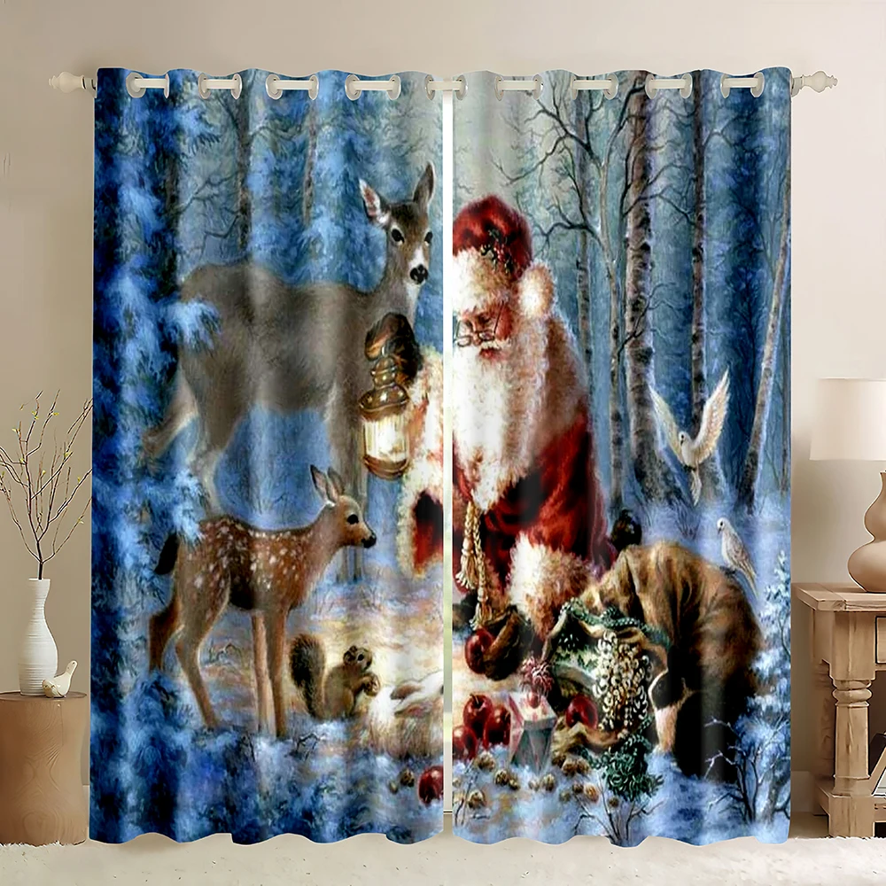 Santa Window Curtains,Old Santa Claus Feeding Wild Animals Deer Fawn Squirrel Pigeon at Christmas Night Xmas Blackout Curtains