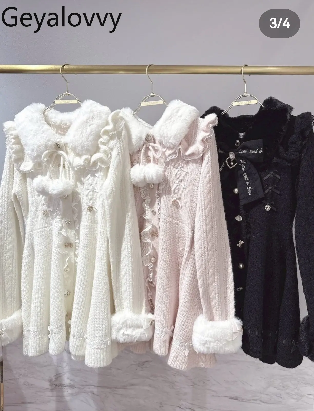 

Autumn Winter Furry Collar Detachable Sweet Girl High Waist Knitted Dress Single-Breasted Turn-Down Collar Bow Sweater Dress