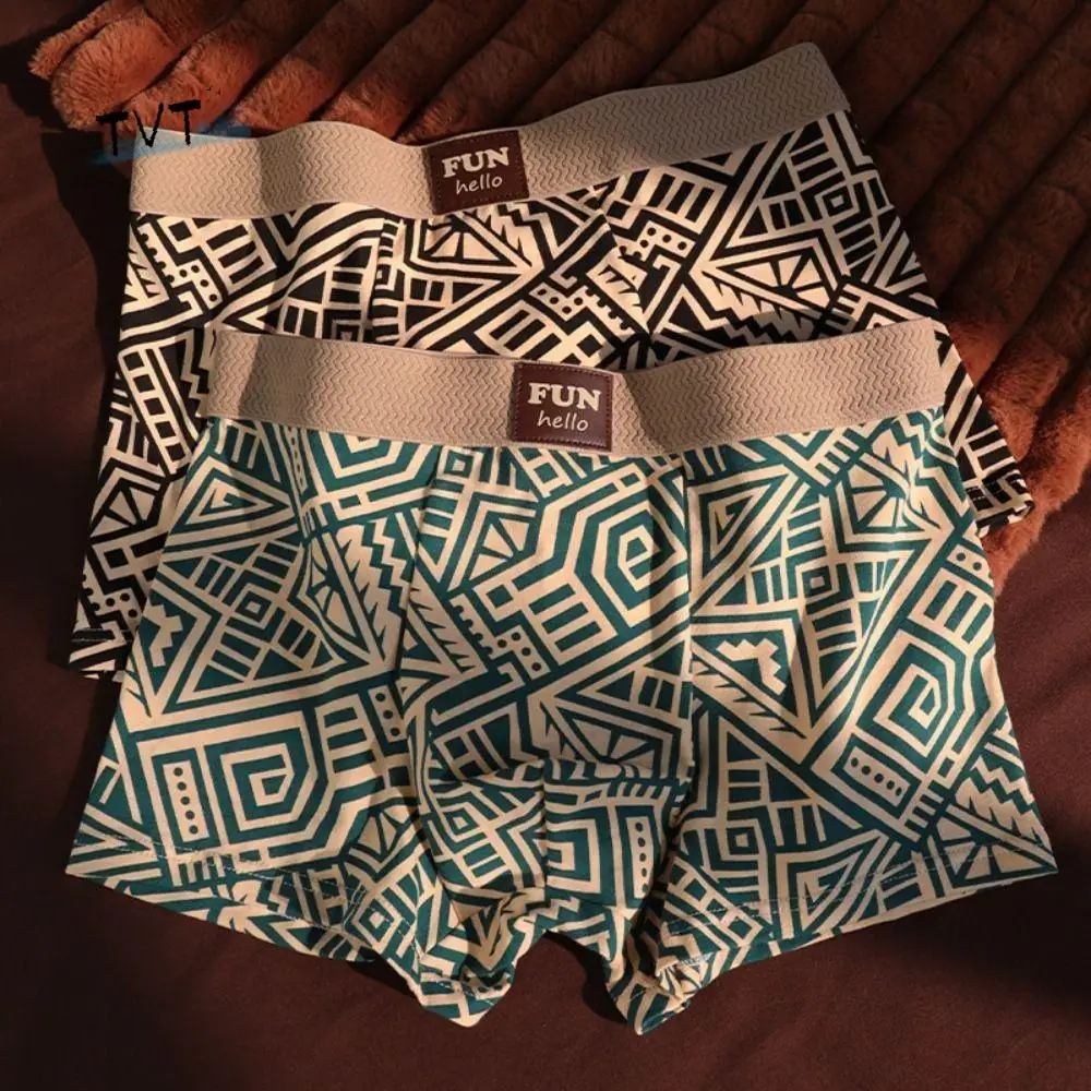 

3Pcs Comfortable Plus Size Men Boxer Briefs Ethnic Style Stripe Underwear for Men Seamless Mid Waist Printed Panties Male