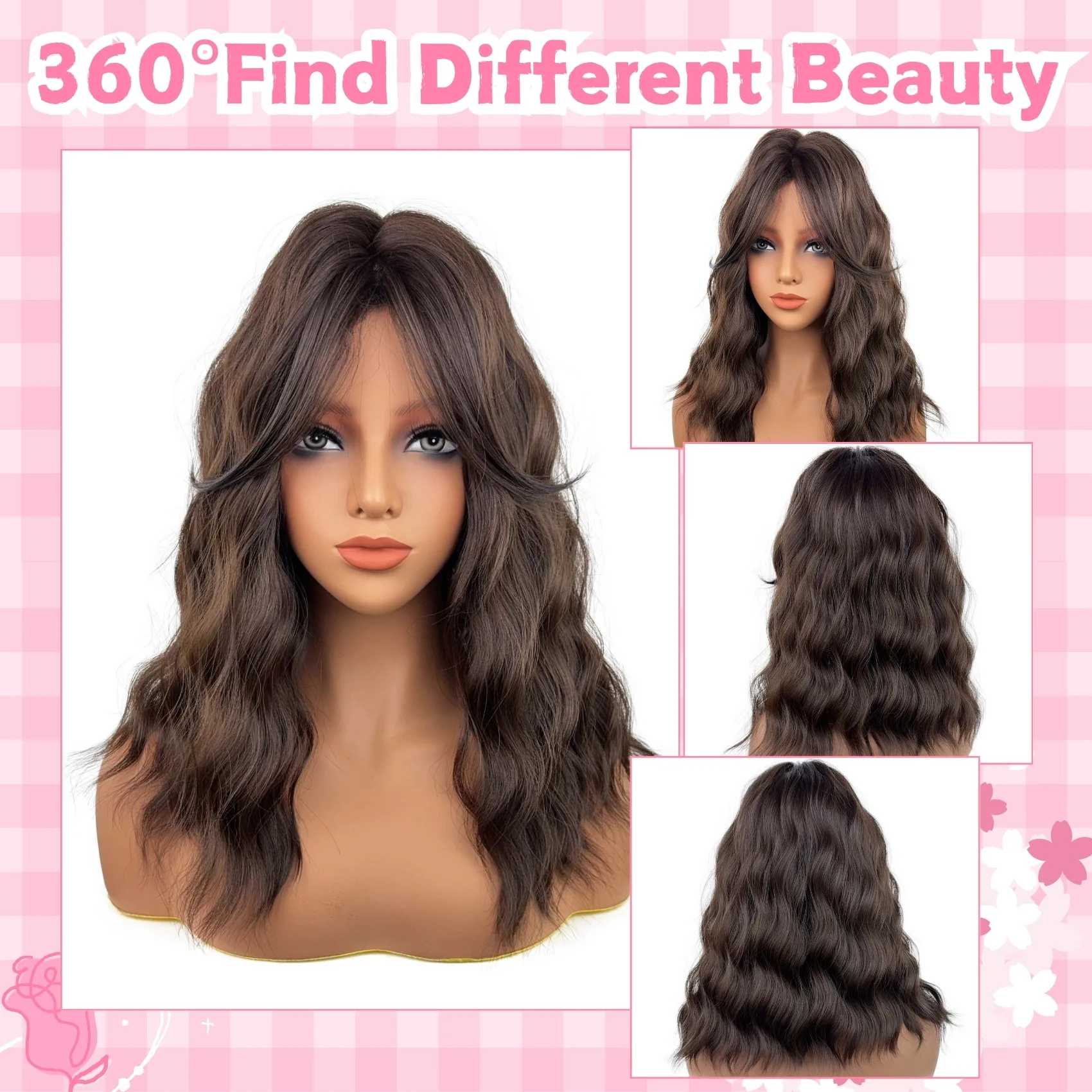 

Natural Fluffy Water Wave Wigs for Black Women Long Curly Mixed Color Synthetic Hair Wig with Bangs High Temperature Fiber Daily